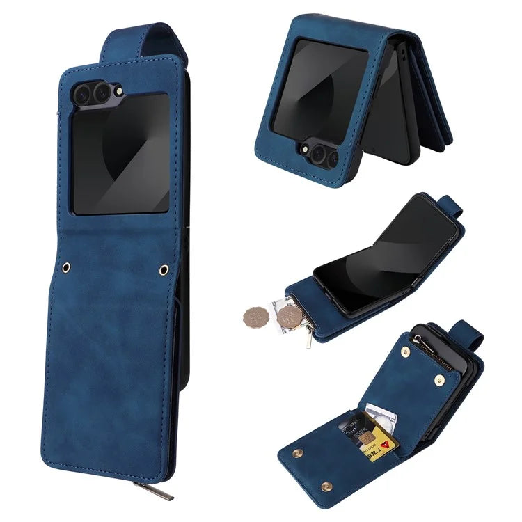 For Samsung Galaxy Z Flip6 5G Leather Case Zipper Wallet Phone Cover with Shoulder Strap