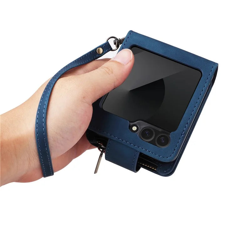 For Samsung Galaxy Z Flip6 5G Leather Case Zipper Wallet Phone Cover with Shoulder Strap