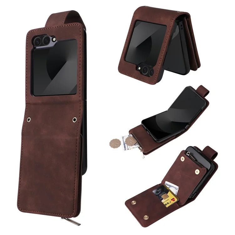 For Samsung Galaxy Z Flip6 5G Leather Case Zipper Wallet Phone Cover with Shoulder Strap