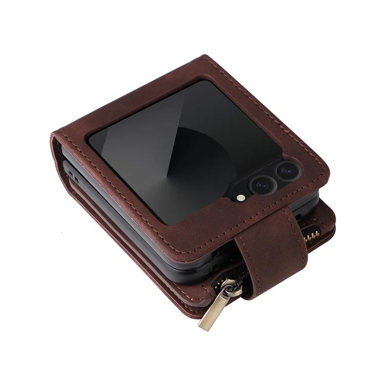 For Samsung Galaxy Z Flip6 5G Leather Case Zipper Wallet Phone Cover with Shoulder Strap