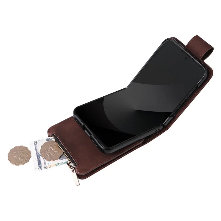 For Samsung Galaxy Z Flip6 5G Leather Case Zipper Wallet Phone Cover with Shoulder Strap