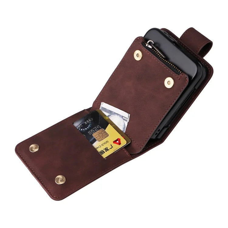 For Samsung Galaxy Z Flip6 5G Leather Case Zipper Wallet Phone Cover with Shoulder Strap