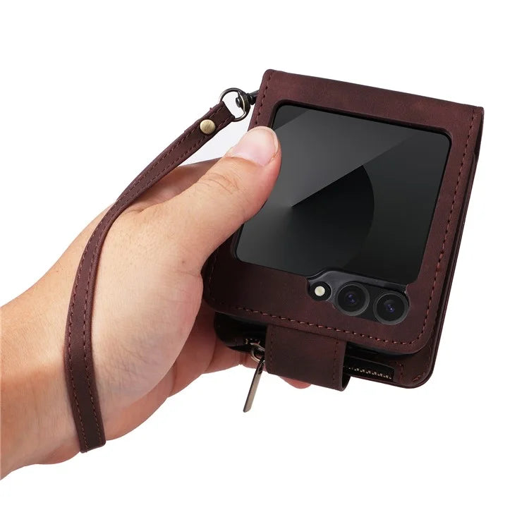 For Samsung Galaxy Z Flip6 5G Leather Case Zipper Wallet Phone Cover with Shoulder Strap