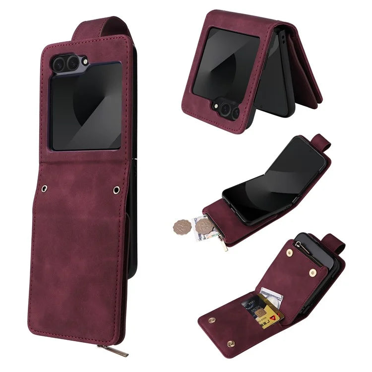 For Samsung Galaxy Z Flip6 5G Leather Case Zipper Wallet Phone Cover with Shoulder Strap