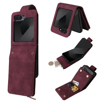 For Samsung Galaxy Z Flip6 5G Leather Case Zipper Wallet Phone Cover with Shoulder Strap