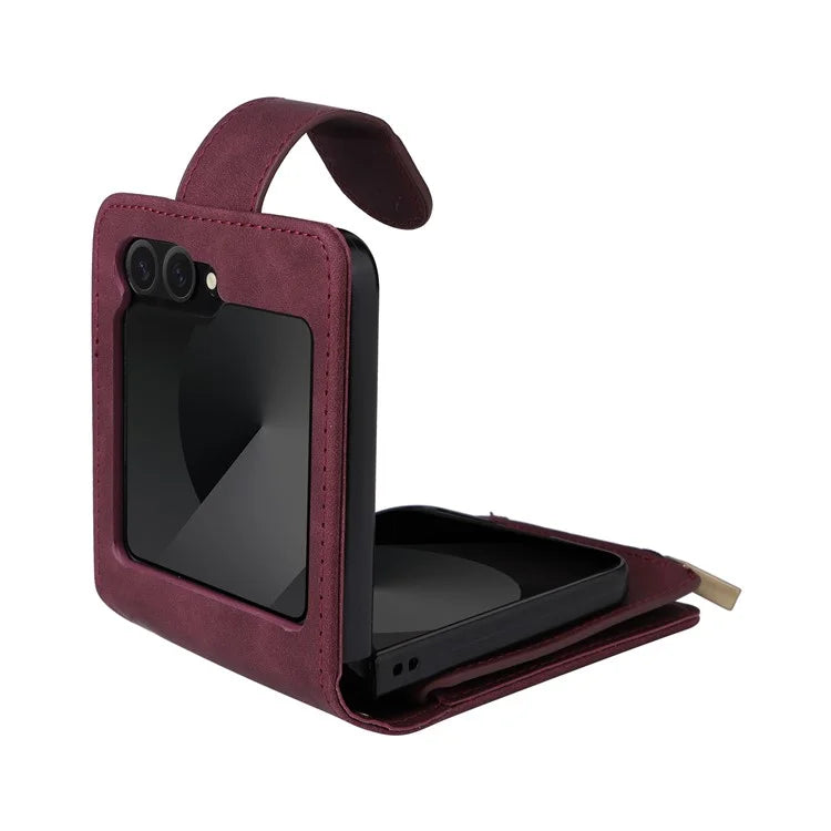 For Samsung Galaxy Z Flip6 5G Leather Case Zipper Wallet Phone Cover with Shoulder Strap