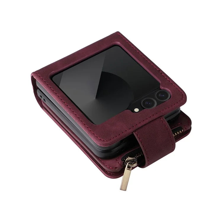 For Samsung Galaxy Z Flip6 5G Leather Case Zipper Wallet Phone Cover with Shoulder Strap
