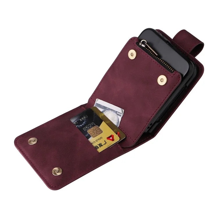 For Samsung Galaxy Z Flip6 5G Leather Case Zipper Wallet Phone Cover with Shoulder Strap