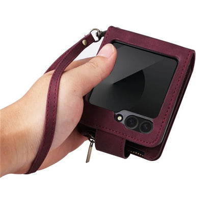 For Samsung Galaxy Z Flip6 5G Leather Case Zipper Wallet Phone Cover with Shoulder Strap
