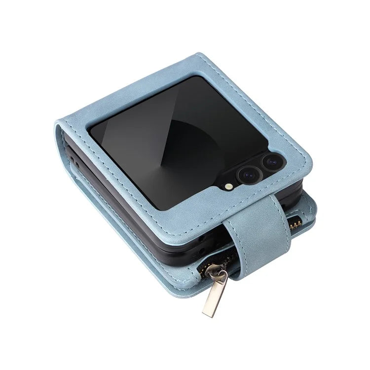 For Samsung Galaxy Z Flip6 5G Leather Case Zipper Wallet Phone Cover with Shoulder Strap