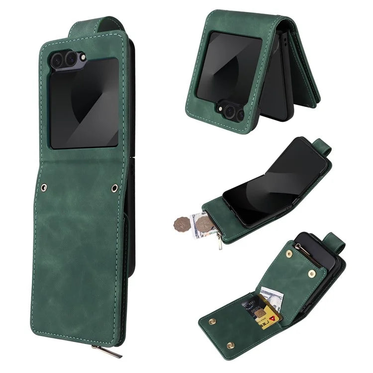 For Samsung Galaxy Z Flip6 5G Leather Case Zipper Wallet Phone Cover with Shoulder Strap
