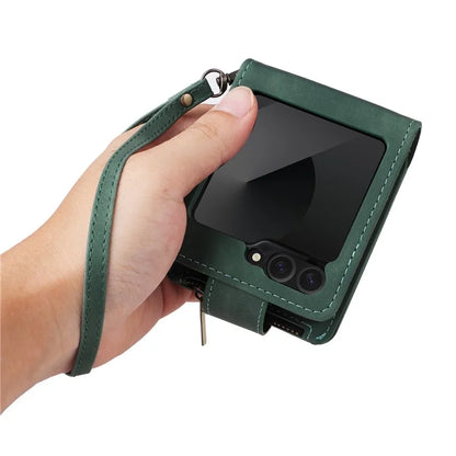 For Samsung Galaxy Z Flip6 5G Leather Case Zipper Wallet Phone Cover with Shoulder Strap