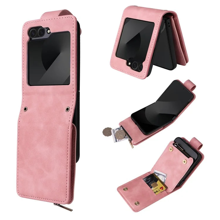 For Samsung Galaxy Z Flip6 5G Leather Case Zipper Wallet Phone Cover with Shoulder Strap