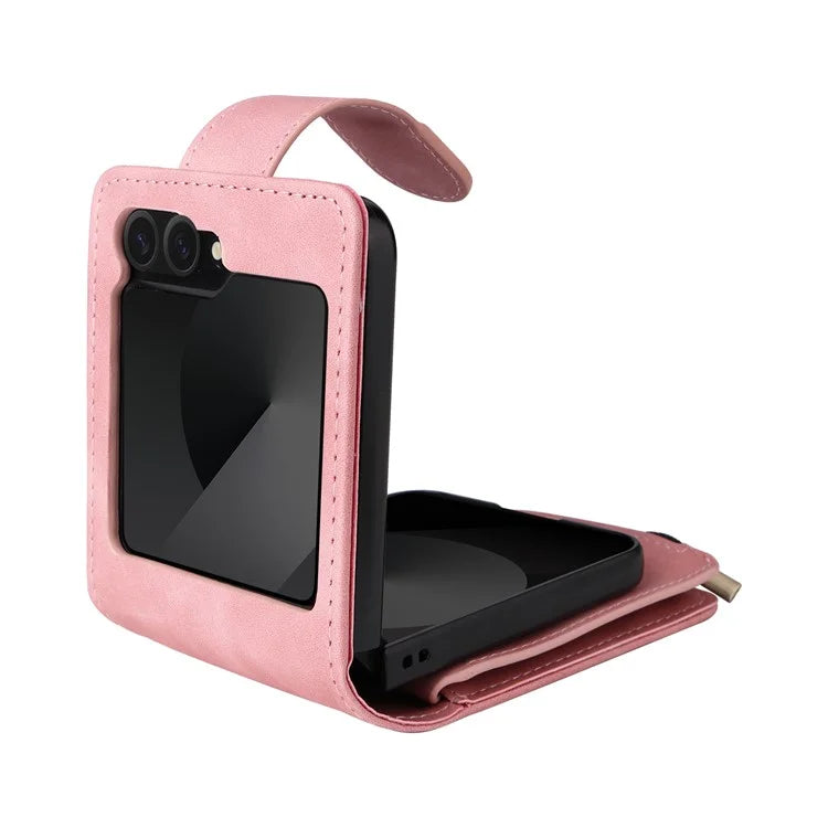 For Samsung Galaxy Z Flip6 5G Leather Case Zipper Wallet Phone Cover with Shoulder Strap