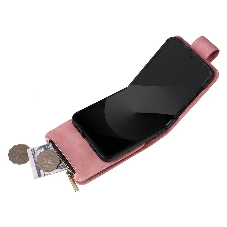 For Samsung Galaxy Z Flip6 5G Leather Case Zipper Wallet Phone Cover with Shoulder Strap