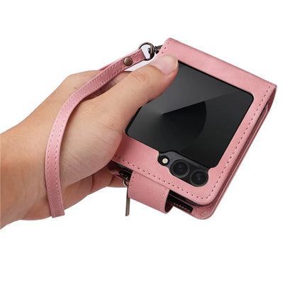 For Samsung Galaxy Z Flip6 5G Leather Case Zipper Wallet Phone Cover with Shoulder Strap