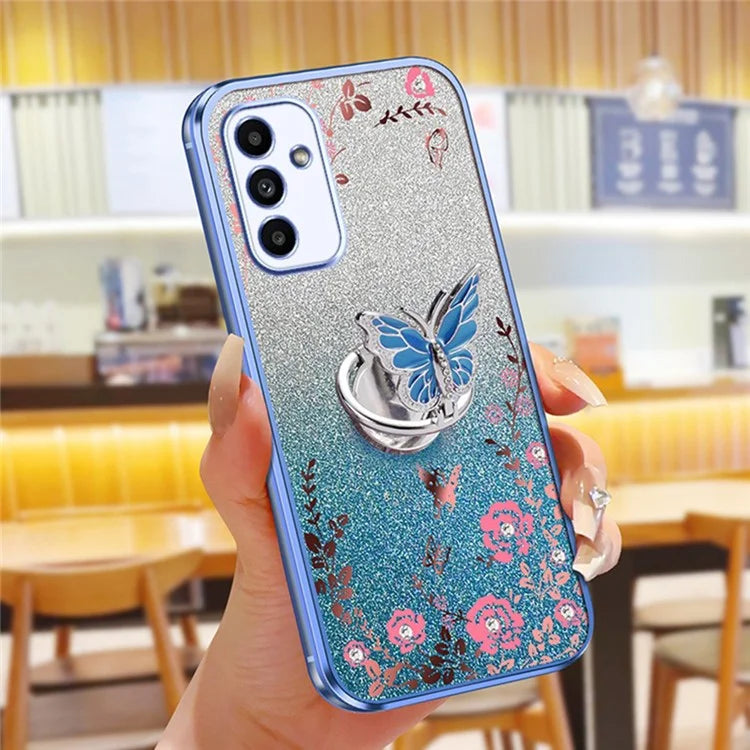 For Samsung Galaxy A55 5G Case Butterfly Kickstand TPU Glitter Phone Cover Flower Pattern