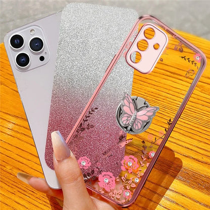 For Samsung Galaxy A55 5G Case Butterfly Kickstand TPU Glitter Phone Cover Flower Pattern