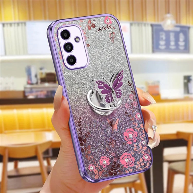 For Samsung Galaxy A55 5G Case Butterfly Kickstand TPU Glitter Phone Cover Flower Pattern