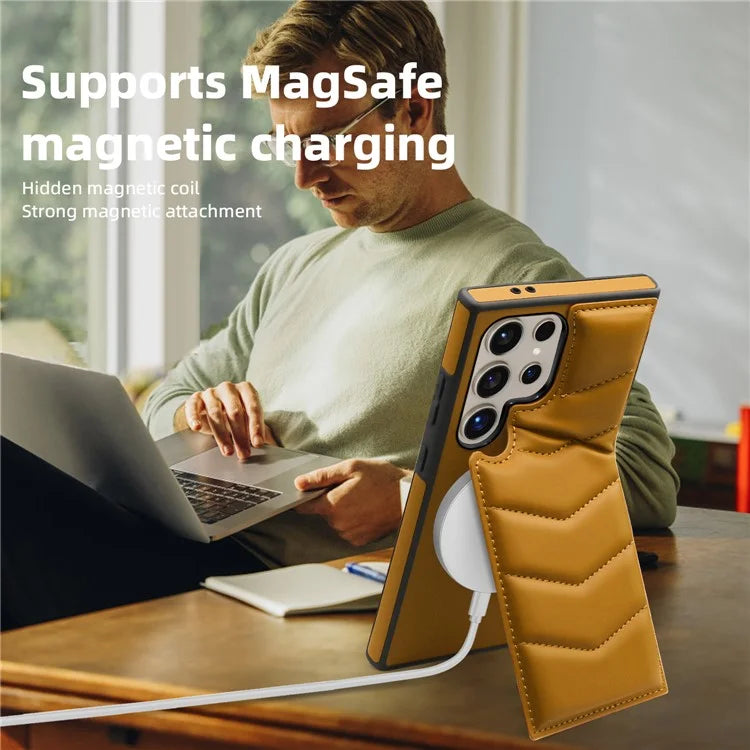 For Samsung Galaxy S24 Ultra Magnetic Case Down Coat Style Leather+TPU Kickstand Phone Cover
