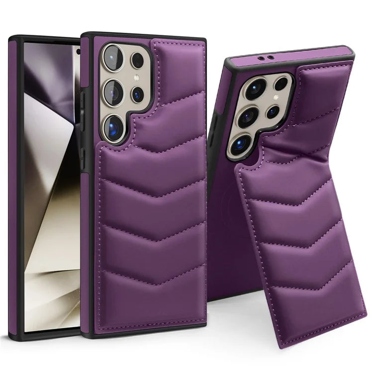 For Samsung Galaxy S24 Ultra Magnetic Case Down Coat Style Leather+TPU Kickstand Phone Cover