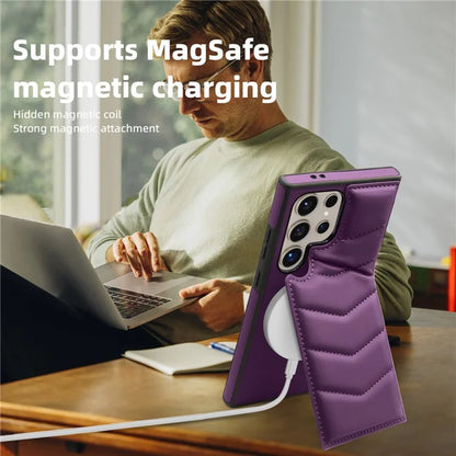 For Samsung Galaxy S24 Ultra Magnetic Case Down Coat Style Leather+TPU Kickstand Phone Cover