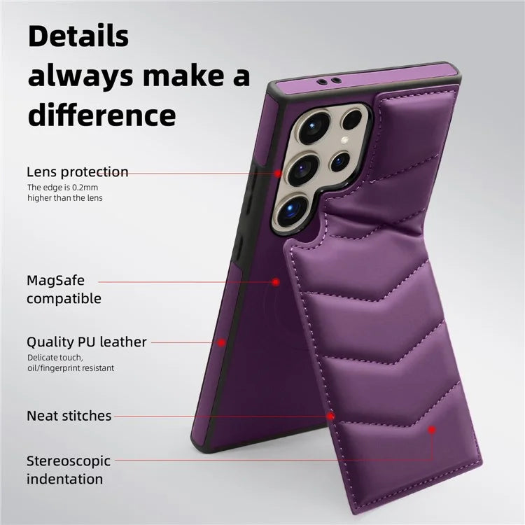 For Samsung Galaxy S24 Ultra Magnetic Case Down Coat Style Leather+TPU Kickstand Phone Cover