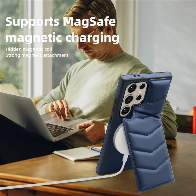 For Samsung Galaxy S24 Ultra Magnetic Case Down Coat Style Leather+TPU Kickstand Phone Cover