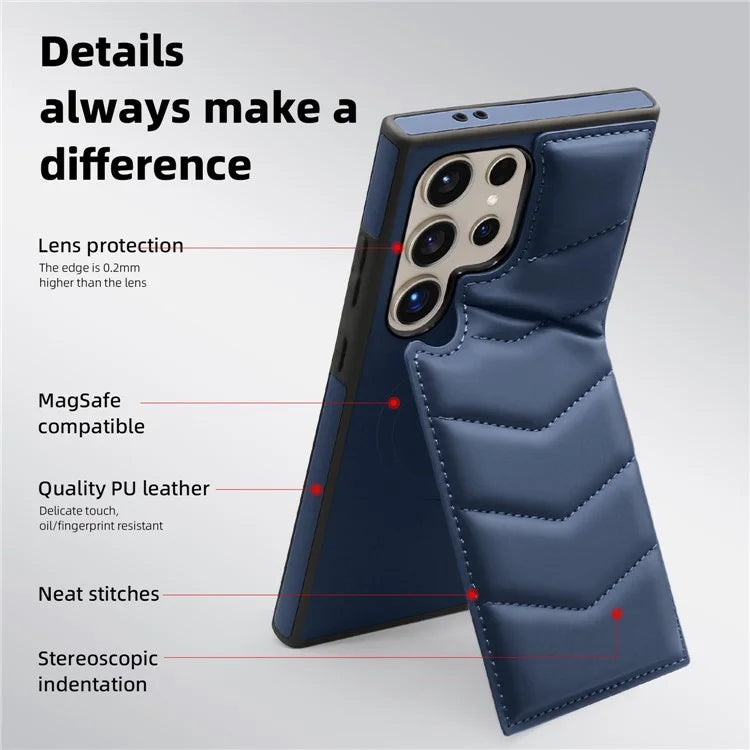 For Samsung Galaxy S24 Ultra Magnetic Case Down Coat Style Leather+TPU Kickstand Phone Cover