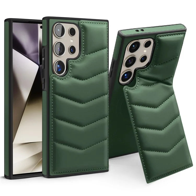 For Samsung Galaxy S24 Ultra Magnetic Case Down Coat Style Leather+TPU Kickstand Phone Cover