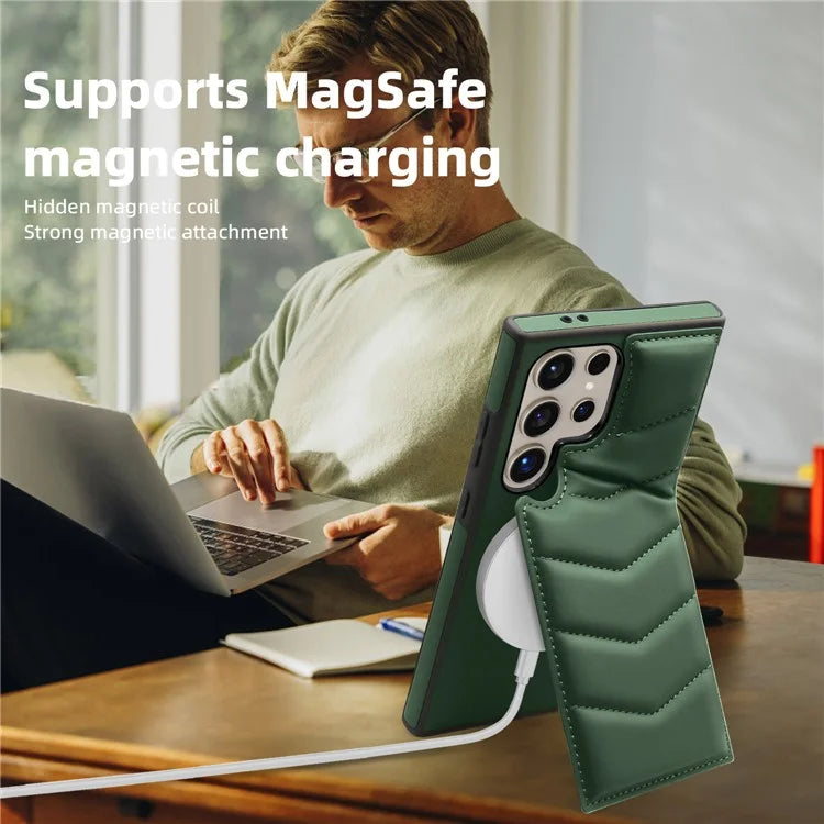 For Samsung Galaxy S24 Ultra Magnetic Case Down Coat Style Leather+TPU Kickstand Phone Cover