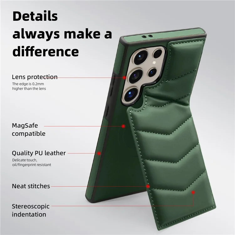 For Samsung Galaxy S24 Ultra Magnetic Case Down Coat Style Leather+TPU Kickstand Phone Cover