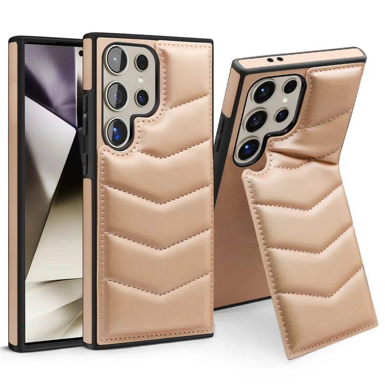 For Samsung Galaxy S24 Ultra Magnetic Case Down Coat Style Leather+TPU Kickstand Phone Cover