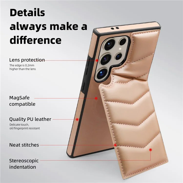 For Samsung Galaxy S24 Ultra Magnetic Case Down Coat Style Leather+TPU Kickstand Phone Cover