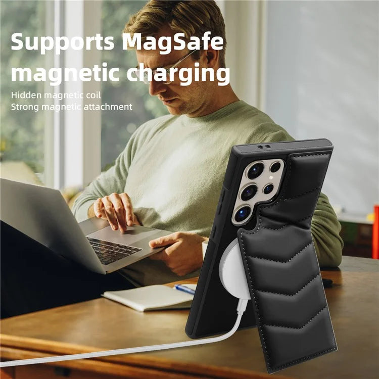 For Samsung Galaxy S24 Ultra Magnetic Case Down Coat Style Leather+TPU Kickstand Phone Cover