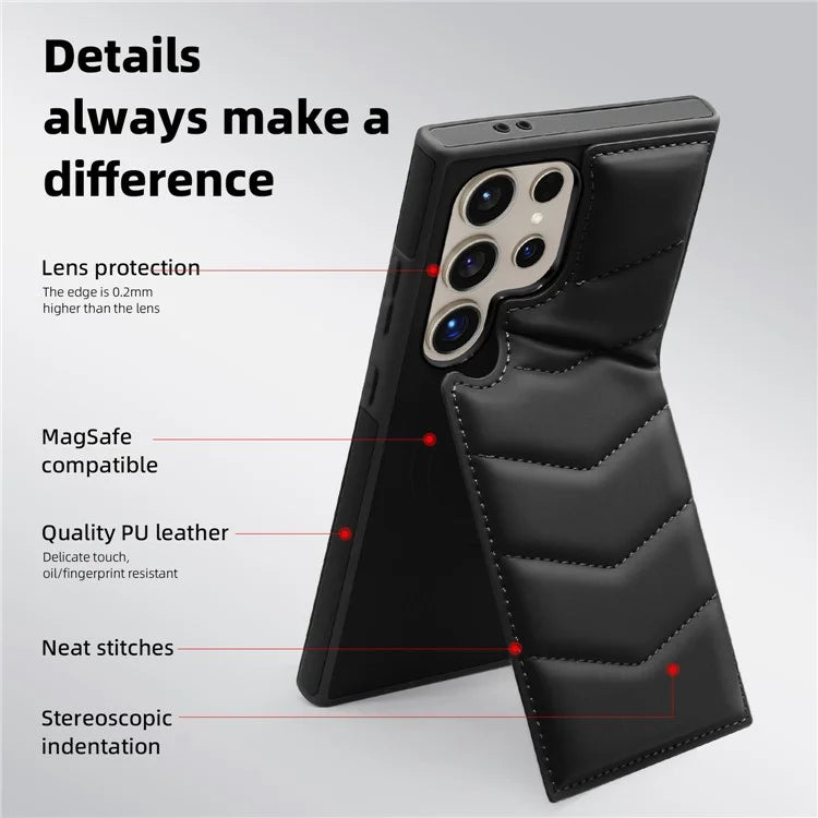 For Samsung Galaxy S24 Ultra Magnetic Case Down Coat Style Leather+TPU Kickstand Phone Cover