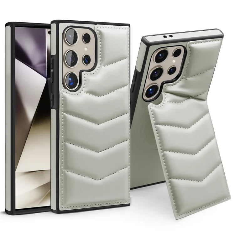 For Samsung Galaxy S24 Ultra Magnetic Case Down Coat Style Leather+TPU Kickstand Phone Cover