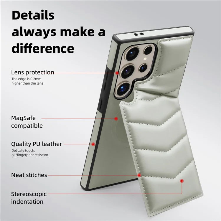 For Samsung Galaxy S24 Ultra Magnetic Case Down Coat Style Leather+TPU Kickstand Phone Cover