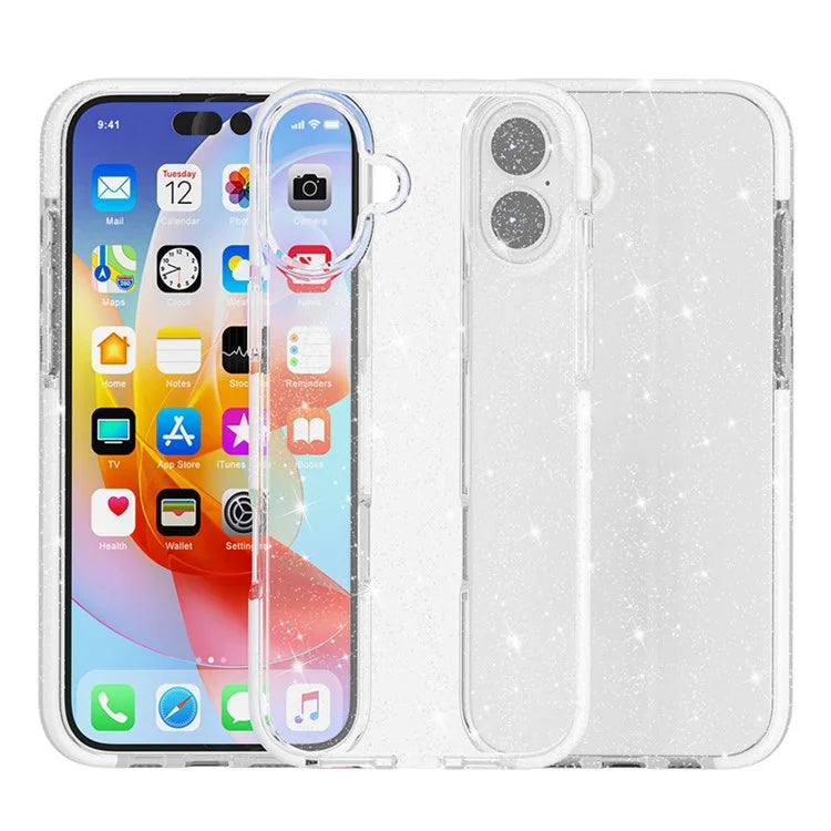 For iPhone 16 Plus Case Clear Glitter PC+TPU+TPE Anti-Scratch Phone Cover