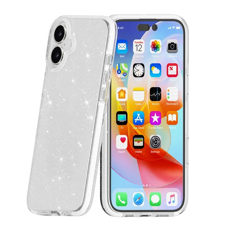 For iPhone 16 Plus Case Clear Glitter PC+TPU+TPE Anti-Scratch Phone Cover