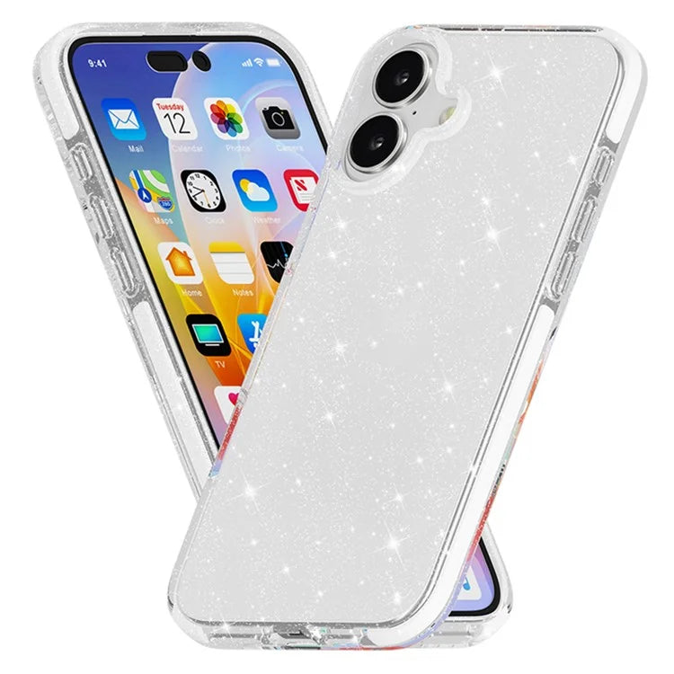 For iPhone 16 Case Glitter Bling PC+TPU+TPE Transparent Protective Phone Cover