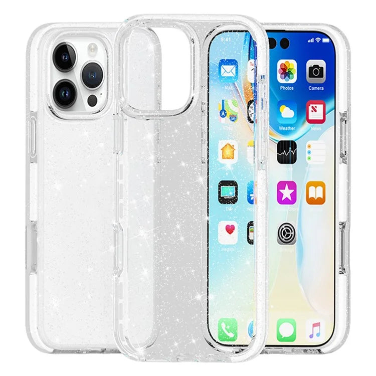 For iPhone 16 Pro Case PC Back TPU+TPE Frame Glitter Clear Sparkly Phone Cover