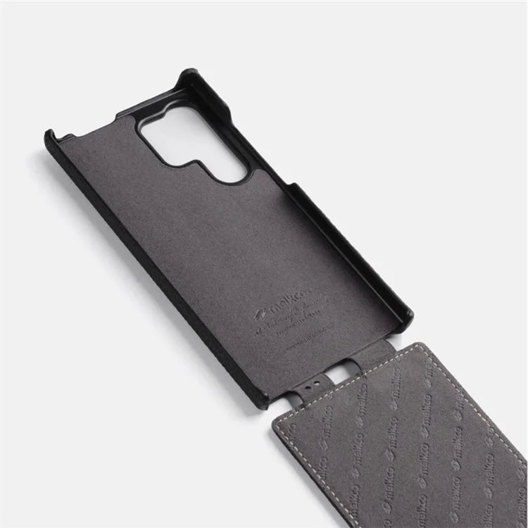MELKCO For Samsung Galaxy S24 Ultra Case Genuine Cow Leather Phone Cover Vertical Up and Down Flip