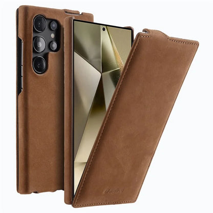 MELKCO For Samsung Galaxy S24 Ultra Case Genuine Cow Leather Phone Cover Vertical Up and Down Flip