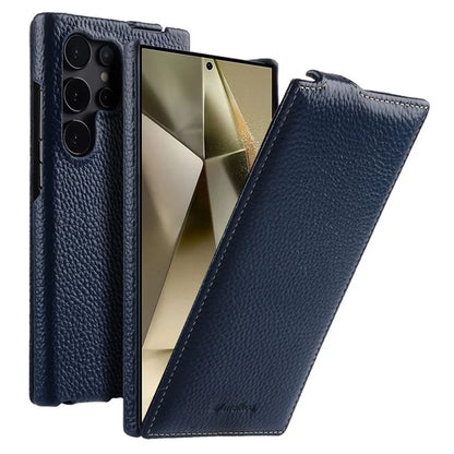 MELKCO For Samsung Galaxy S24 Ultra Case Genuine Cow Leather Phone Cover Vertical Up and Down Flip