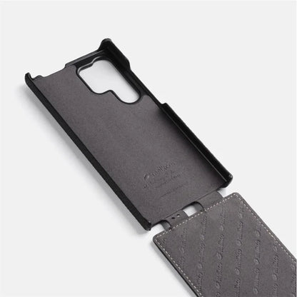 MELKCO For Samsung Galaxy S24 Ultra Case Genuine Cow Leather Phone Cover Vertical Up and Down Flip