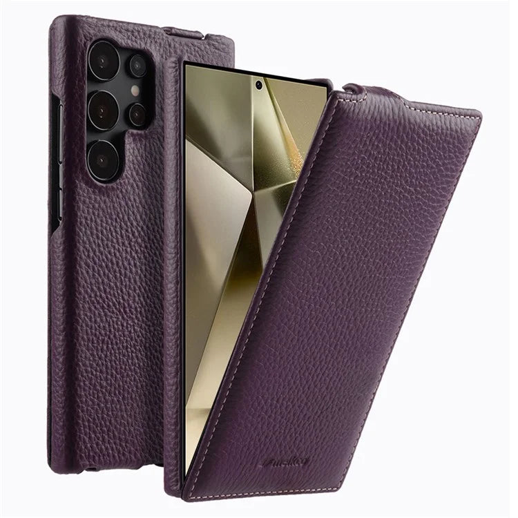 MELKCO For Samsung Galaxy S24 Ultra Case Genuine Cow Leather Phone Cover Vertical Up and Down Flip