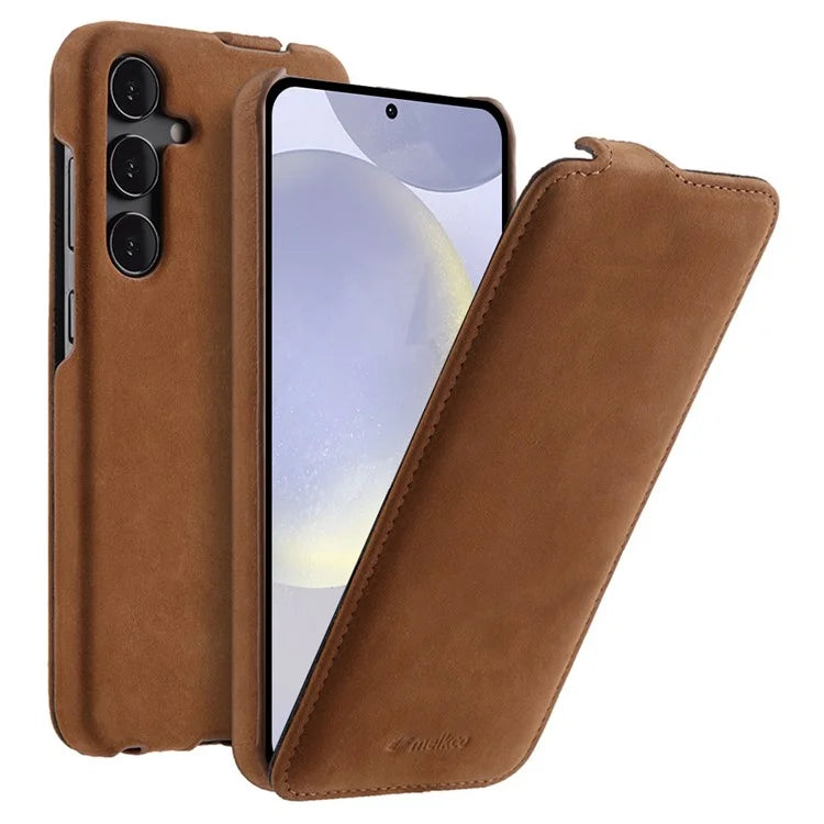 MELKCO For Samsung Galaxy S24+ Vertical Flip Case Genuine Cow Leather Protective Phone Cover
