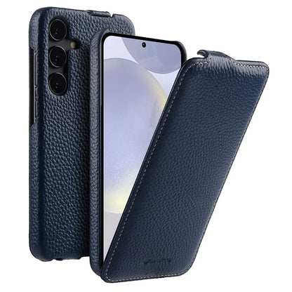 MELKCO For Samsung Galaxy S24+ Vertical Flip Case Genuine Cow Leather Protective Phone Cover