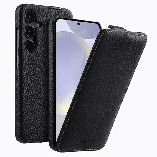 MELKCO For Samsung Galaxy S24 Case Vertical Flip Genuine Cow Leather Phone Cover Full Protection